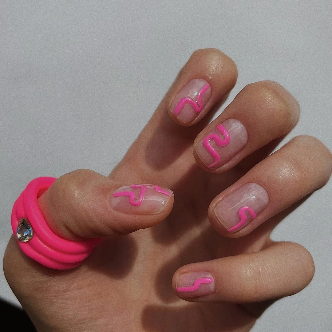 fall square nails 2026 Hot Pink Lines on Natural Short Squares