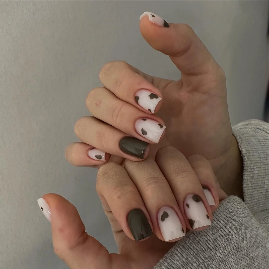 fall square nails 2026 Olive Green Cow Print Squares