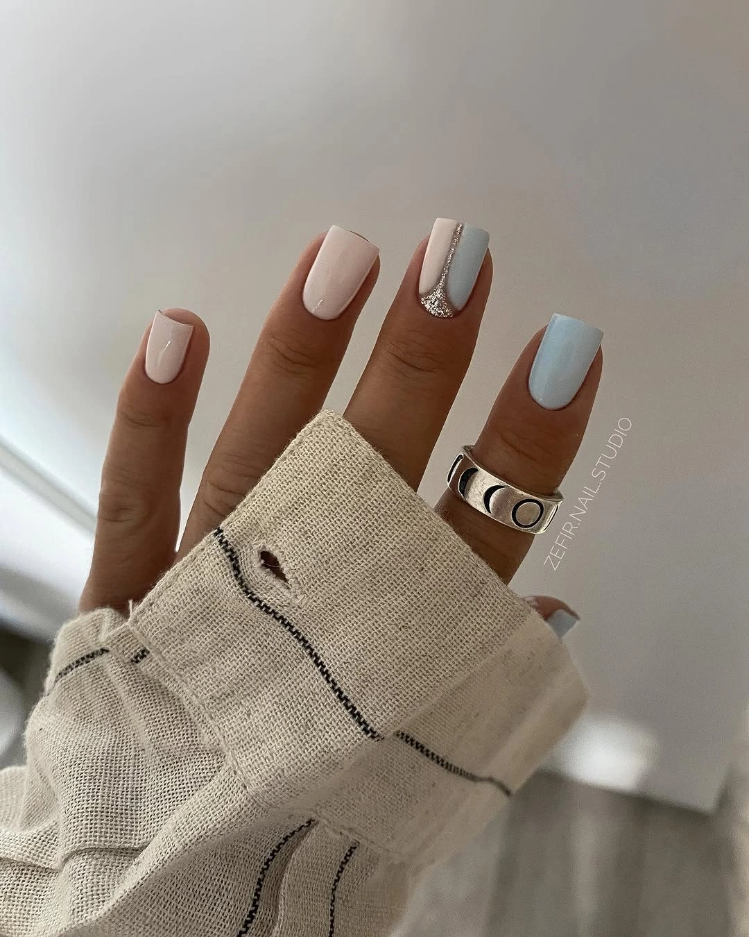fall square nails 2026 Soft Blue Squares With Silver Accent