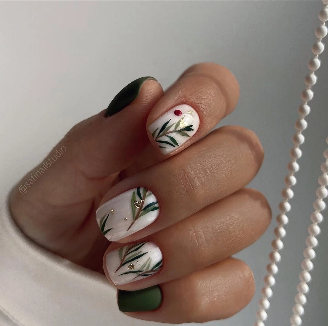 fall square nails 2026 Deep Green Botanical Square Nails