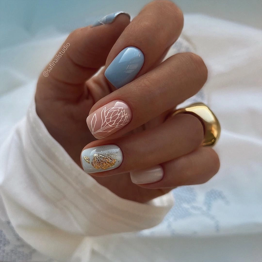 fall square nails 2026 Powder Blue and Gold Botanical Squares