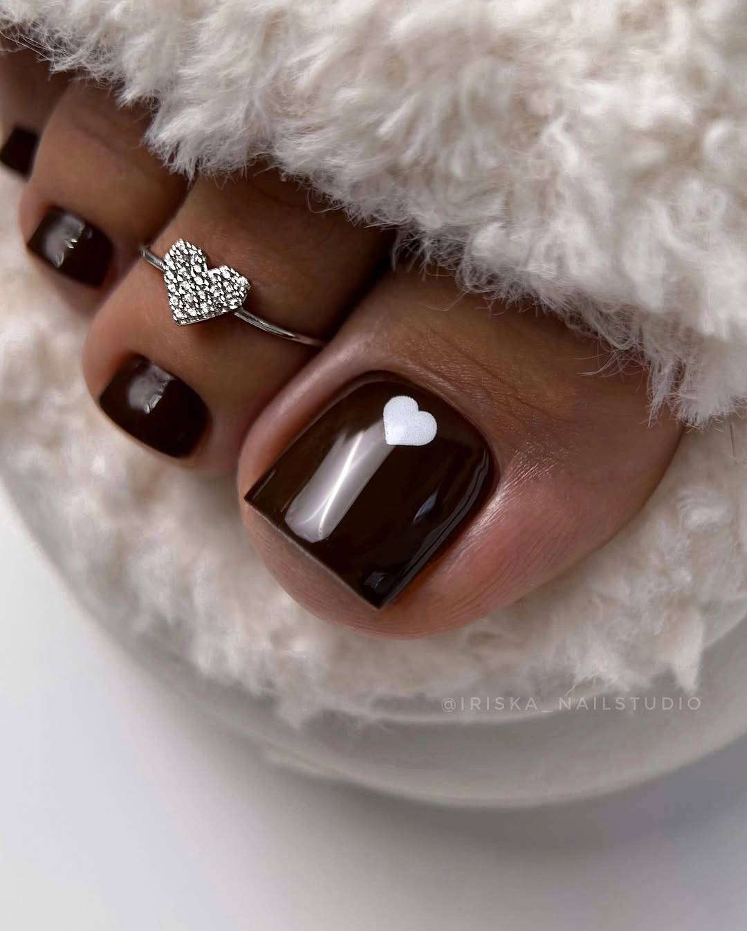 fall toe nails colors 2026 Deep Chocolate And White Heart Pedicure