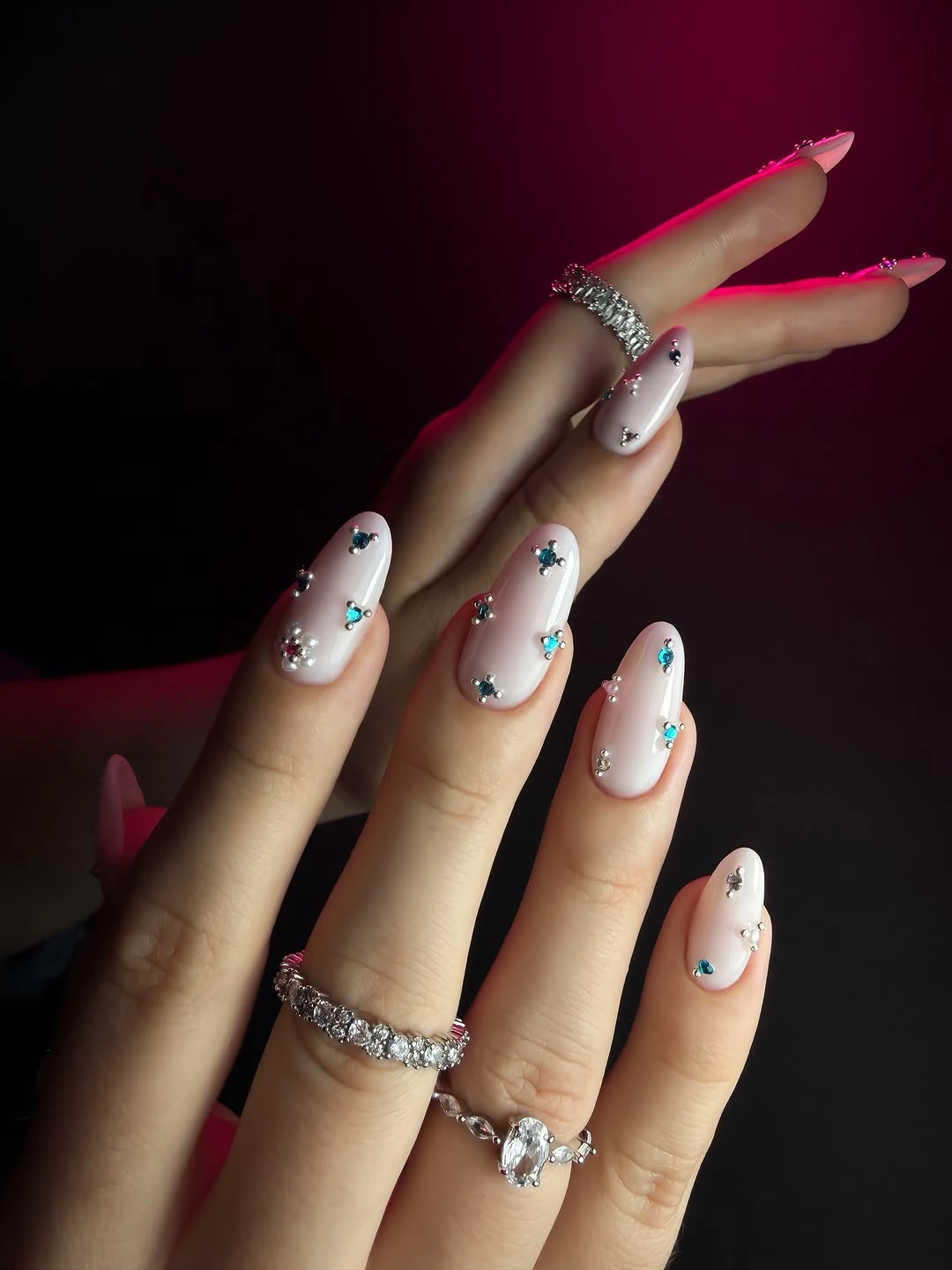 fall trendy nails 2026 Soft Pink Crystal Accent Nails