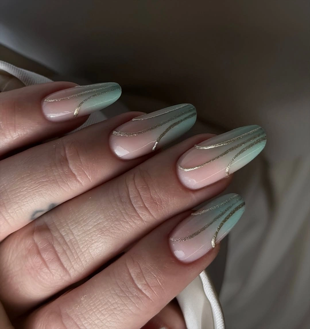 fall trendy nails 2026 Mint Green And Gold Line Nails