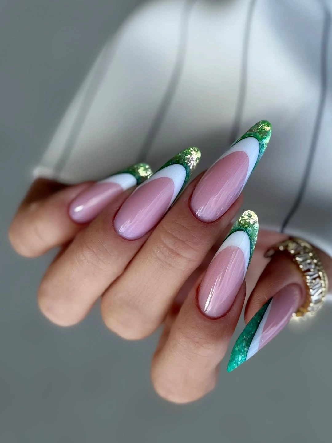 fall trendy nails 2026 Emerald Green Glitter French Nails