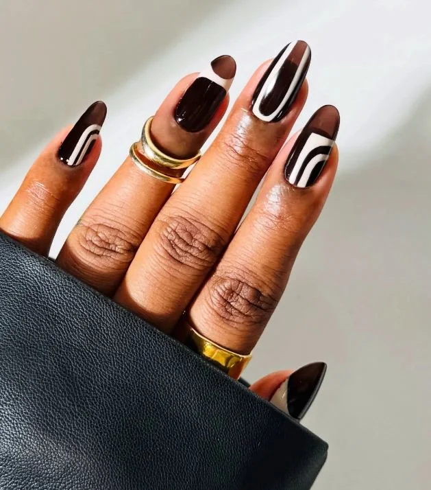 fall trendy nails 2026 Chocolate Graphic French Nails
