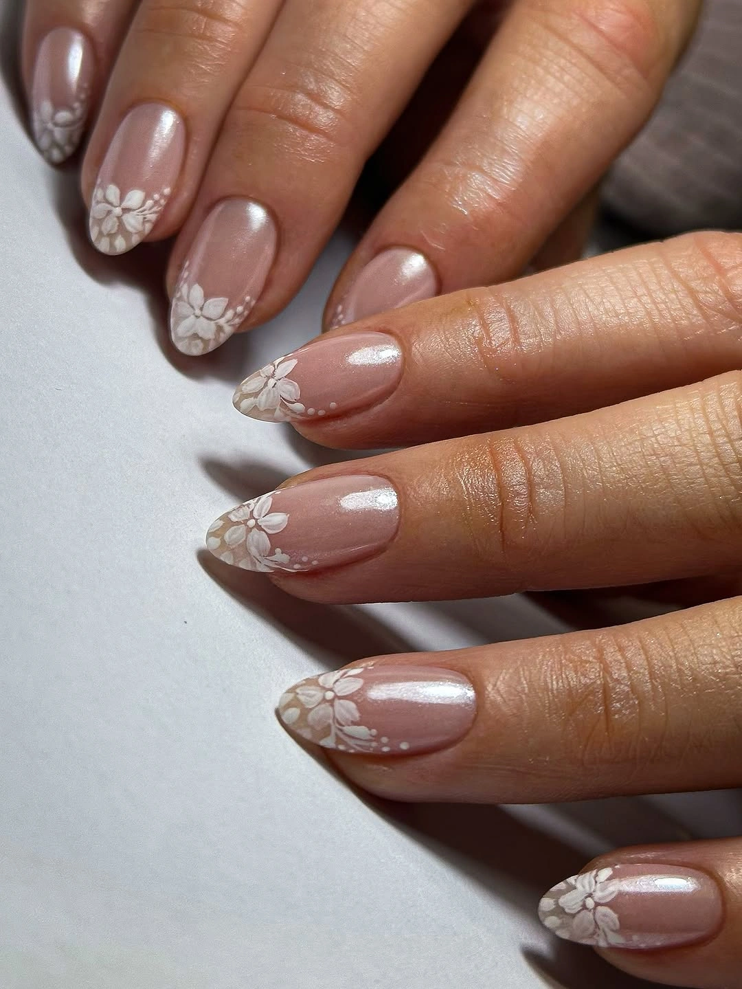 fall wedding nails 2026 Shimmering Floral Almond Nails
