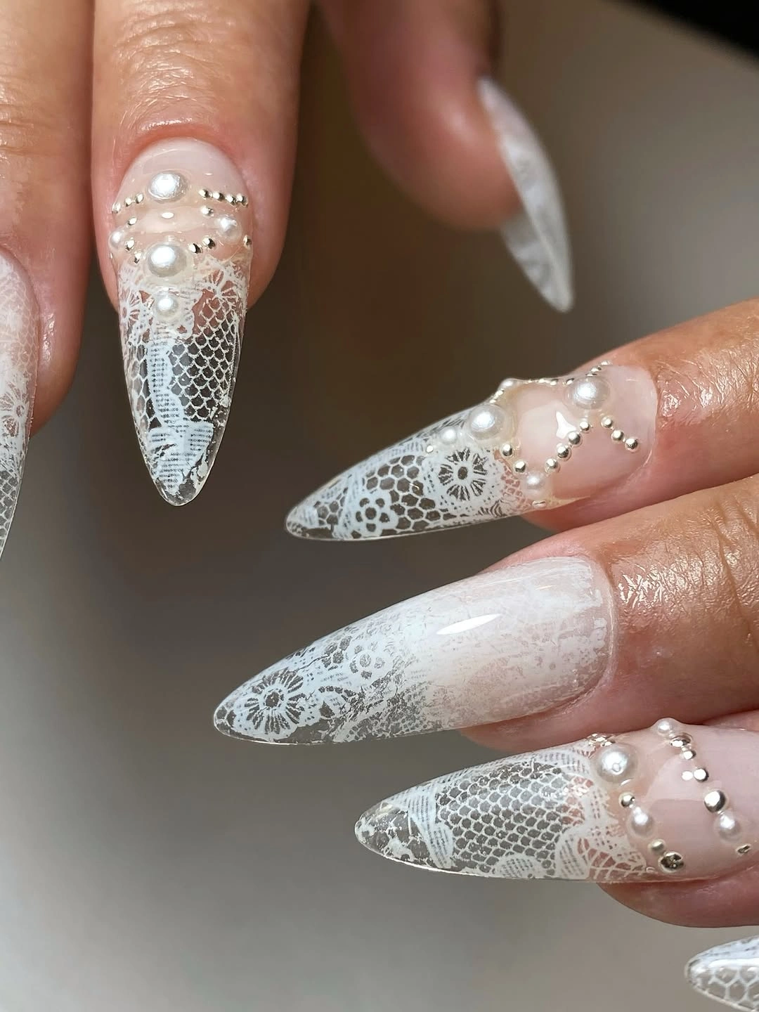 fall wedding nails 2026 Vintage Lace And Pearl Statement Nails