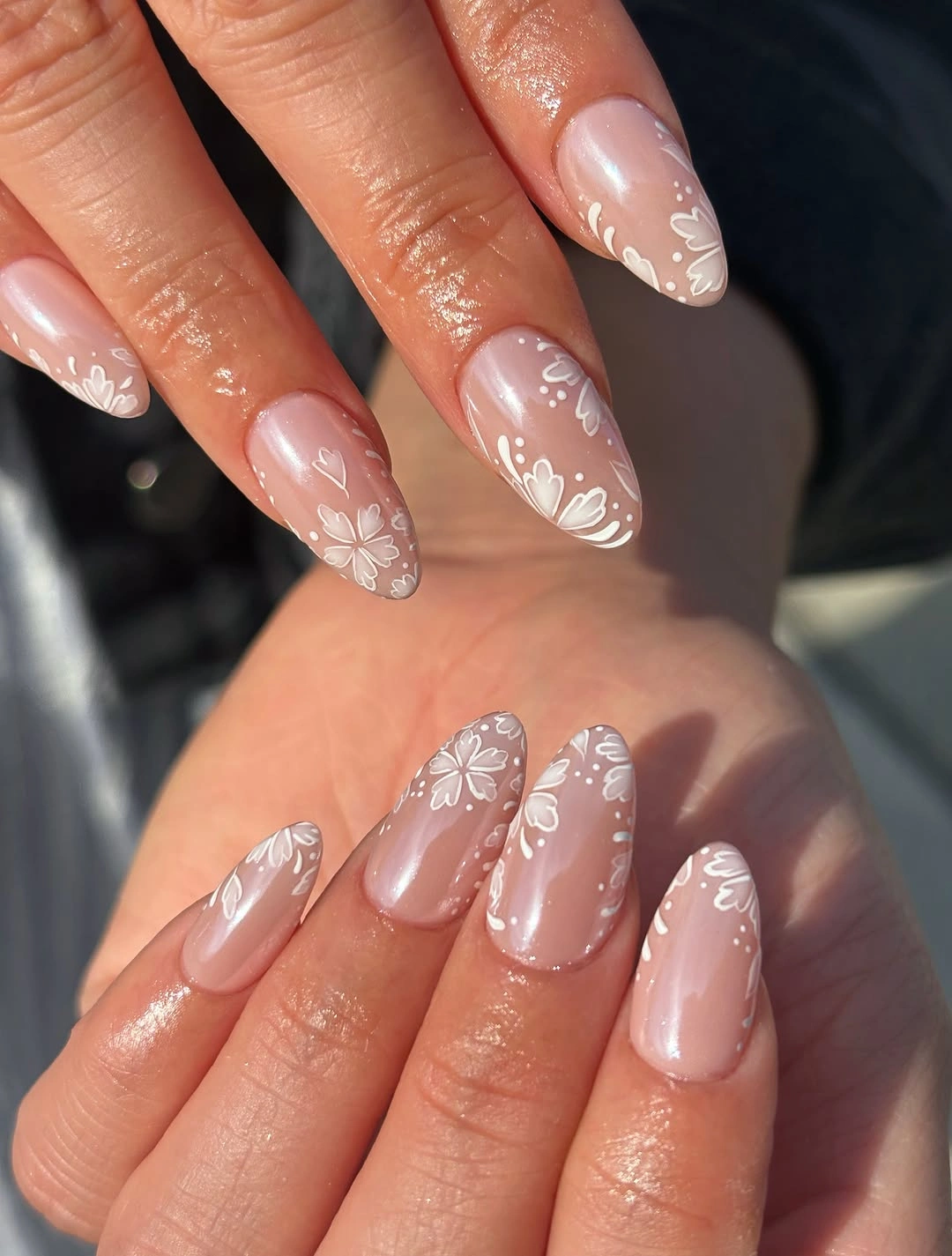 fall wedding nails 2026 Glossy Floral Almond Nails With Soft Romance