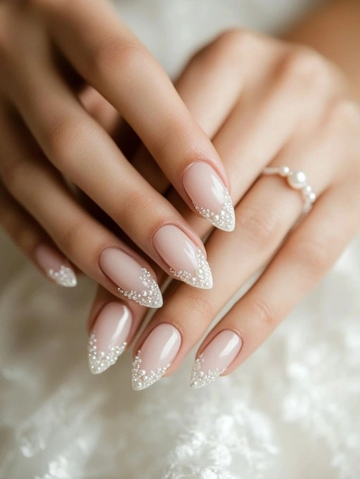 fall wedding nails 2026 Soft Pearl French Tips With Delicate Beading