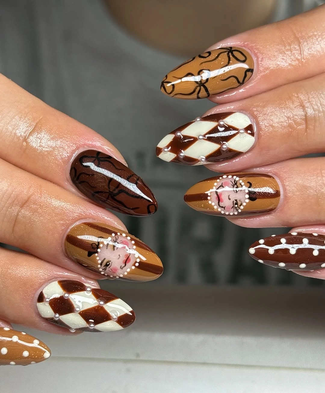 halloween nail art 2026 Vintage Portraits and Chocolate Harlequin