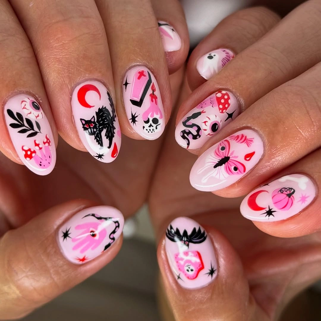 halloween nail art 2026 Pink Gothic Halloween Collage