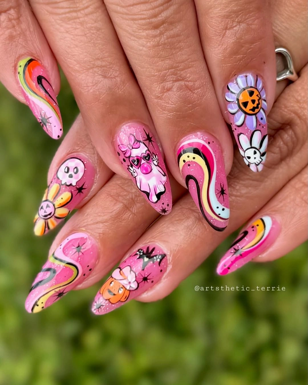 halloween nail art 2026 Pink Psychedelic Halloween Nails