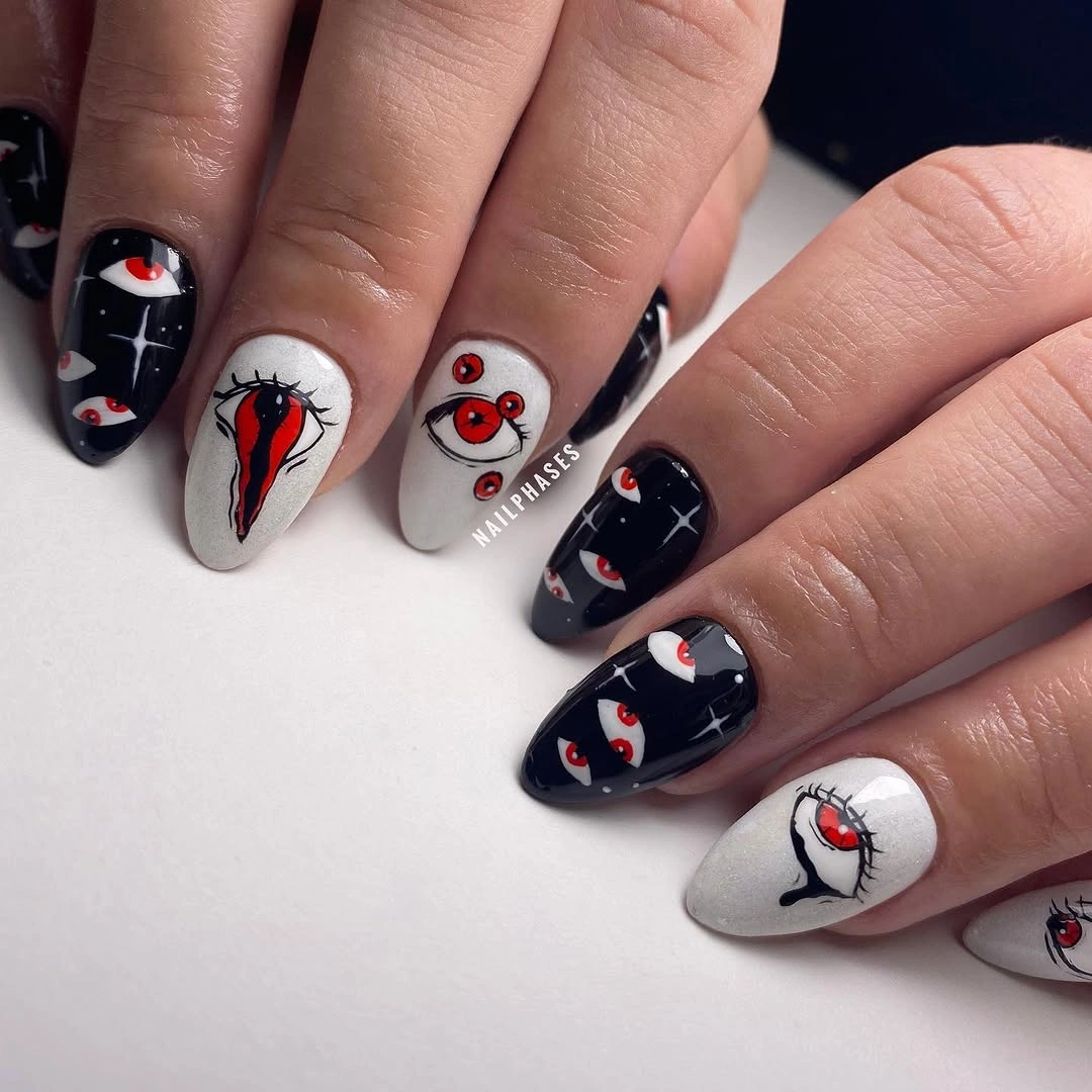 halloween nail art 2026 Surreal Red Eye Nails