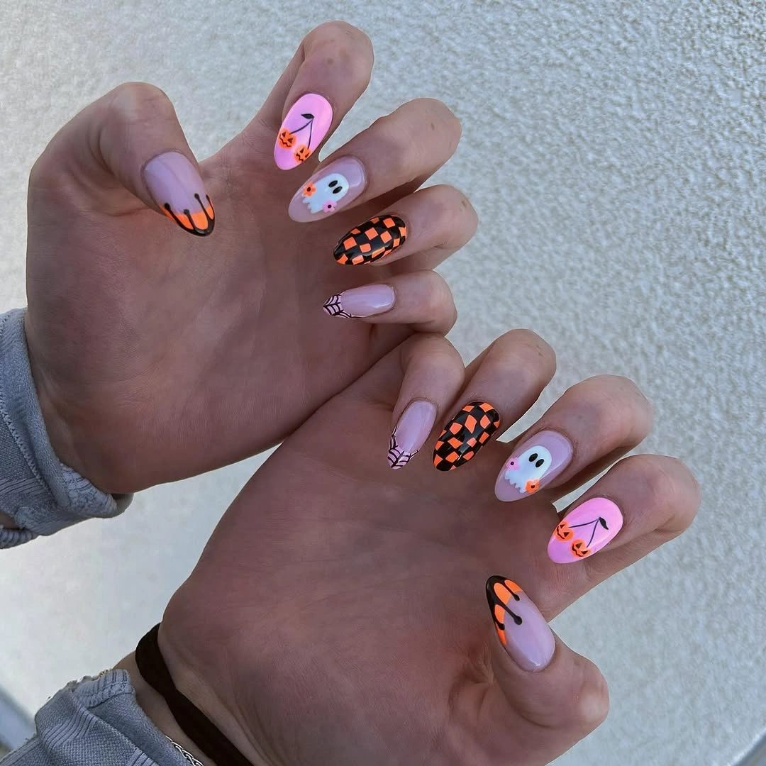 halloween nail art 2026 Neon Ghosts and Checkerboard Nails