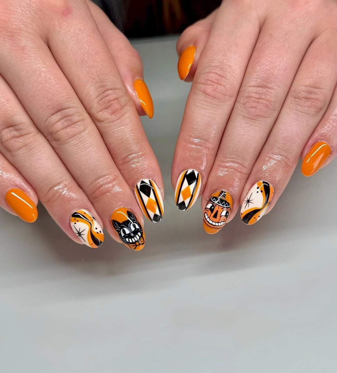 halloween nail art 2026 Graphic Orange Halloween Characters