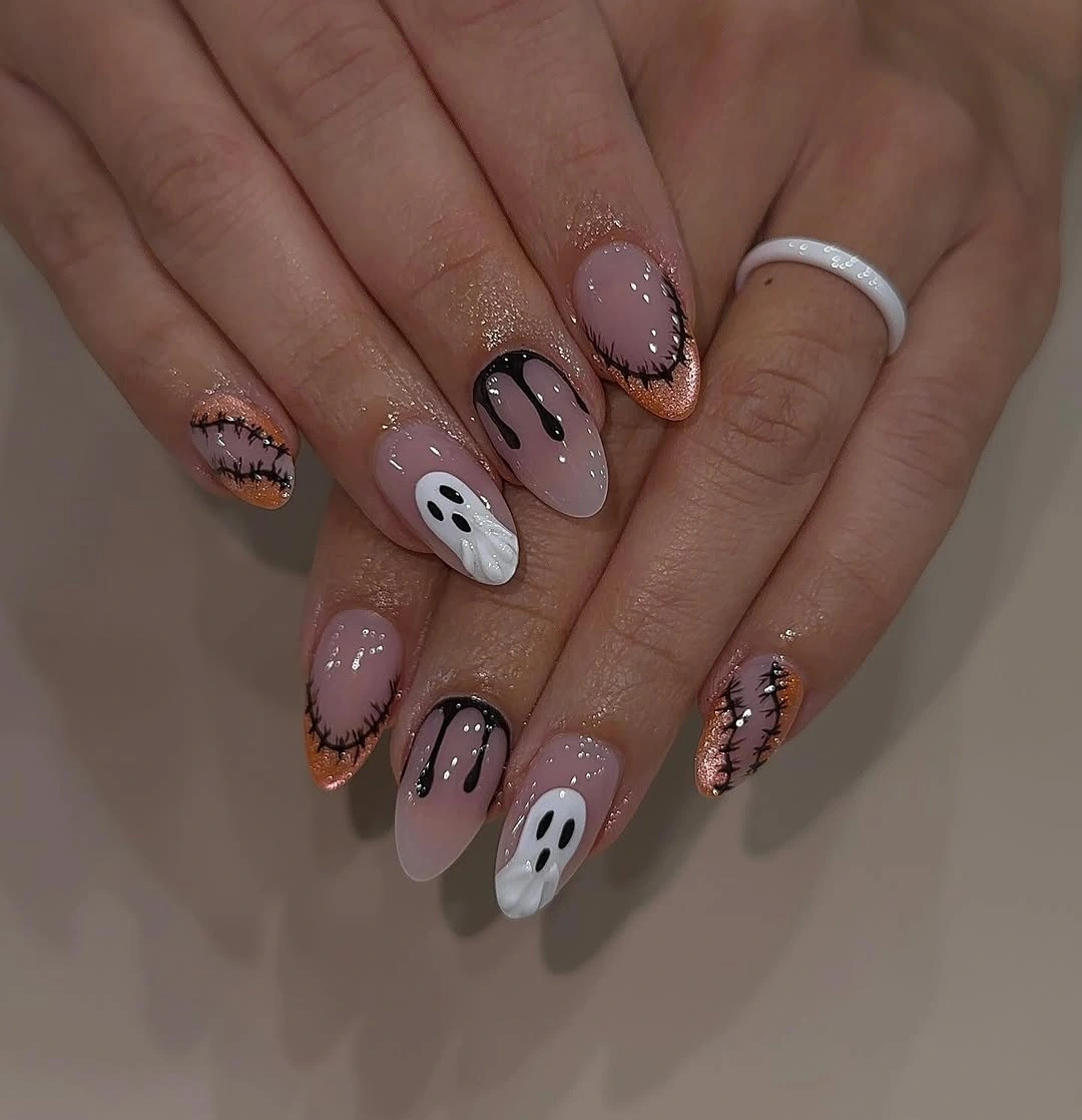 halloween nails designs 2026 Rose Gold Ghost Almond Nails