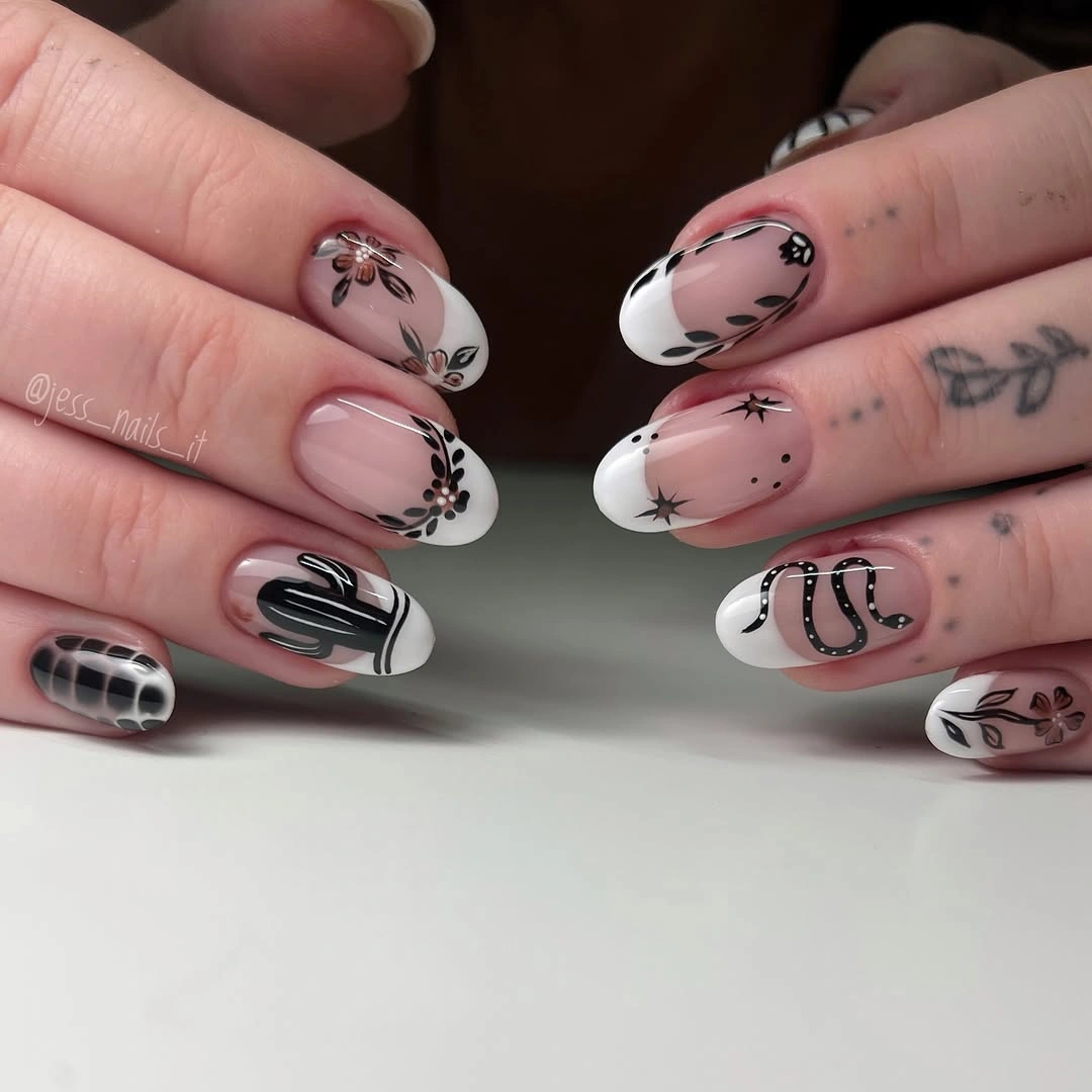 halloween nails designs 2026 Black and White Mystic French Nails