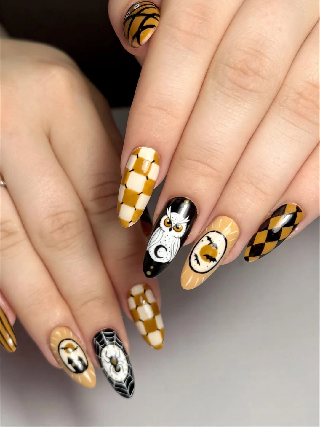 halloween nails designs 2026 Mustard Owl Halloween Nails