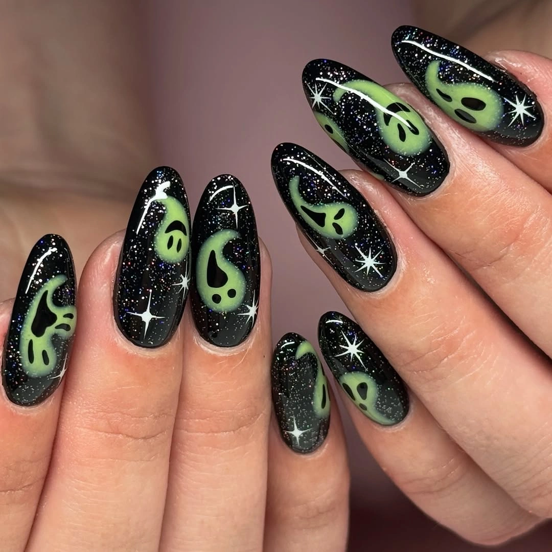 halloween nails designs 2026 Green Ghost Galaxy Nails