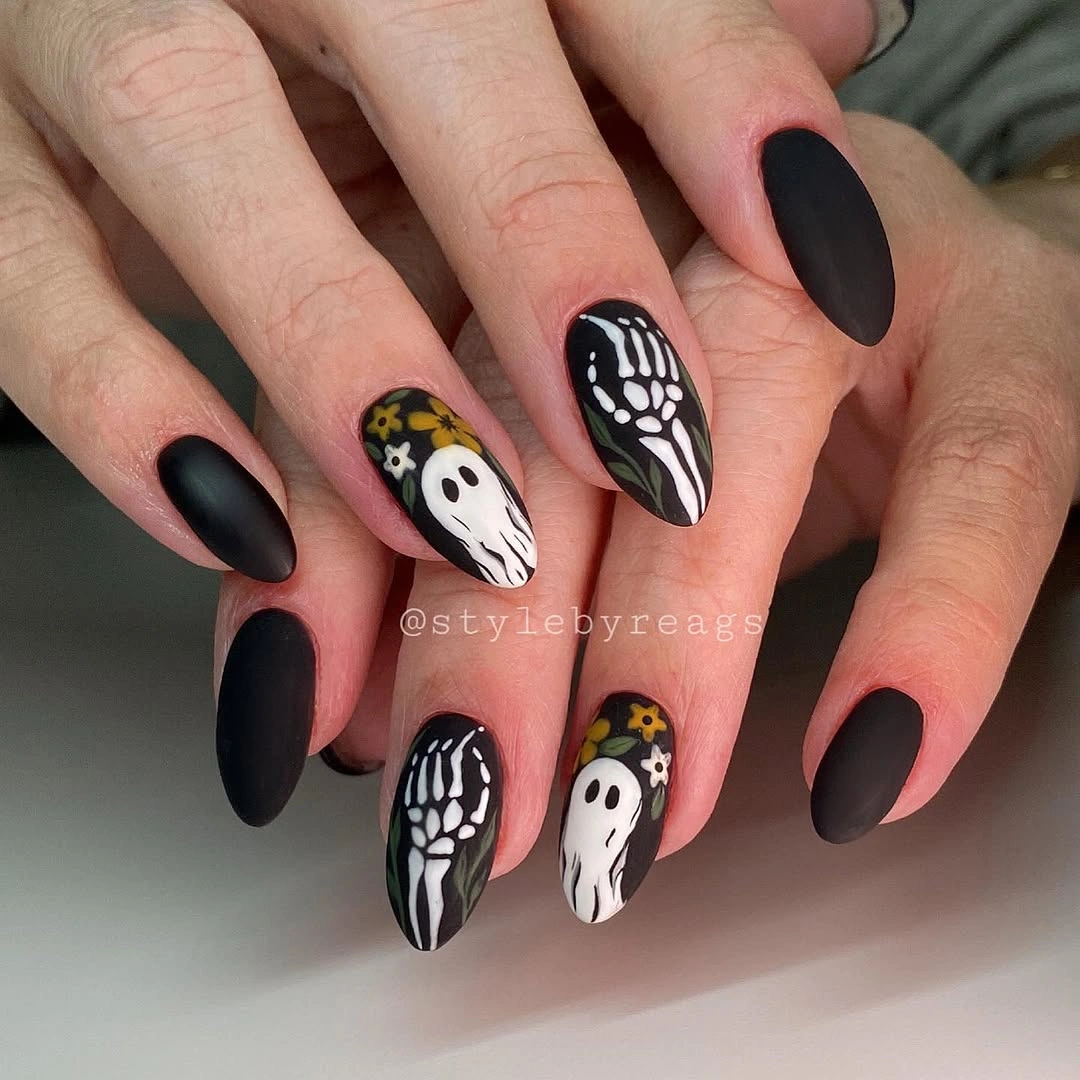 halloween nails designs 2026 Matte Black Ghost Garden Nails