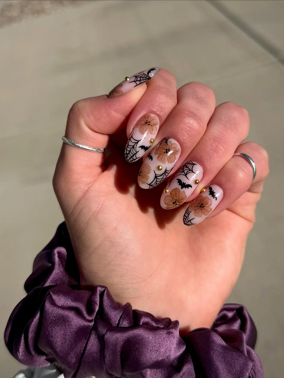 halloween nails designs 2026 Floral Spiderweb Almond Nails