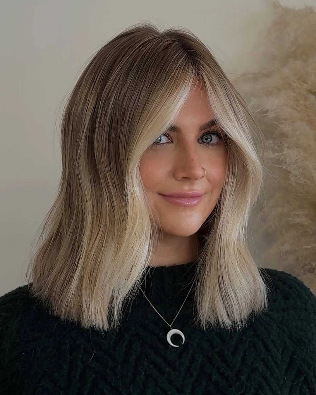 lob haircut ideas High-Contrast Blonde Lob With Curtain Layers