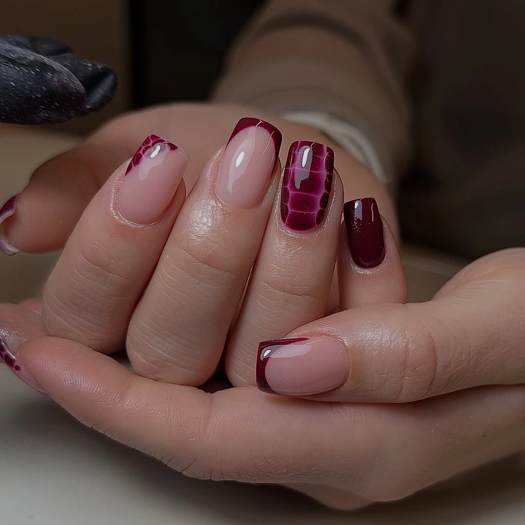 maroon fall nails 2026 Glossy Maroon Mix on Short Square Nails