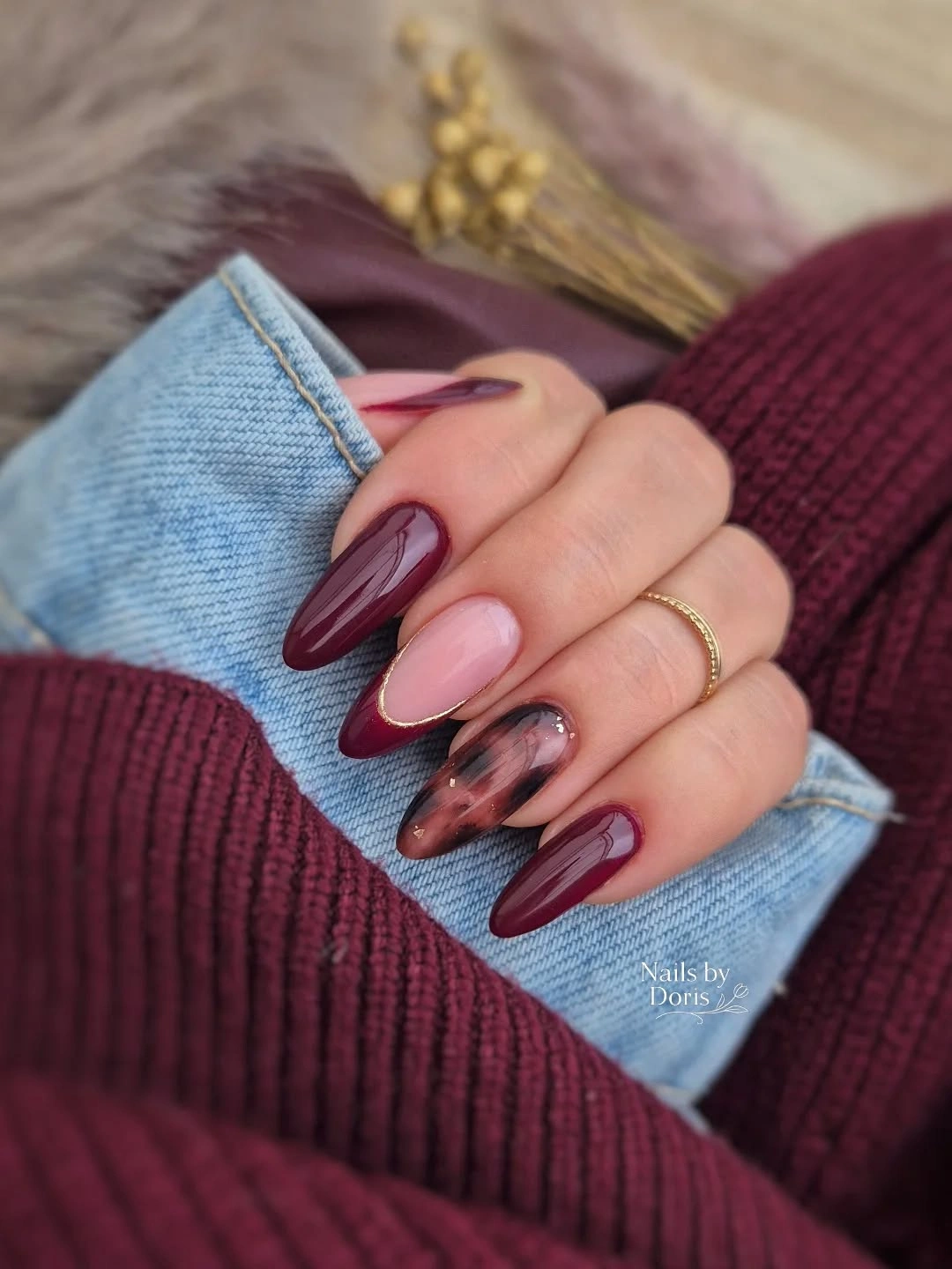 maroon fall nails 2026 Maroon Almond Nails With Smoky Accent