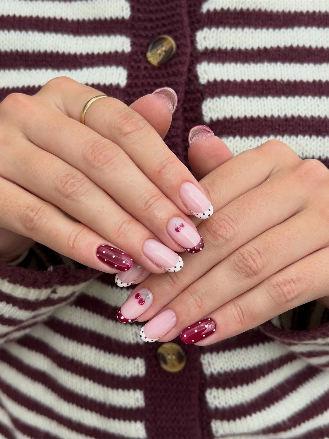maroon fall nails 2026 Cherry Dotted Maroon French Nails