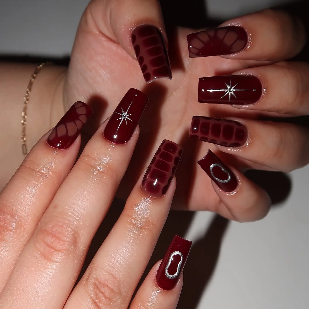 maroon fall nails 2026 Dark Burgundy Celestial Square Designs