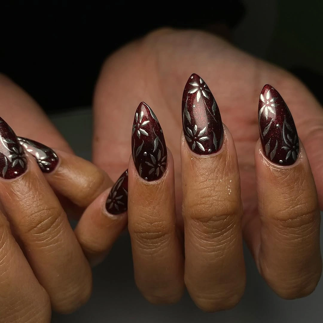 maroon fall nails 2026 Maroon Almond Nails With Silver Florals