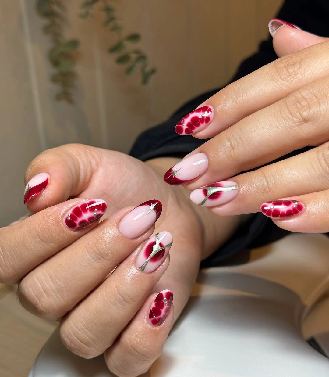 maroon fall nails 2026 Cherry Maroon Art With Silver Details
