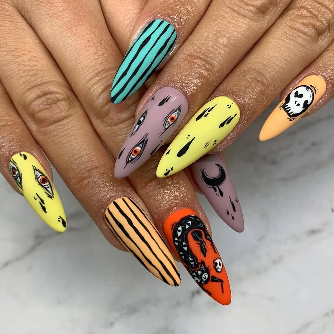 matte fall nails design 2026 Playful Halloween Almond Art