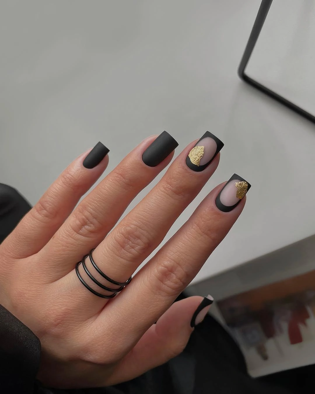 matte fall nails design 2026 Matte Black Frames with Gold
