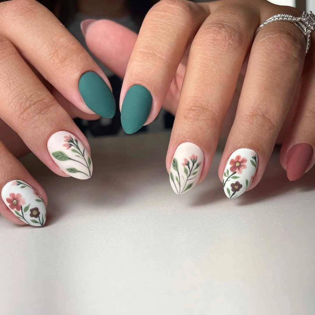 matte fall nails design 2026 Muted Green Fall Florals