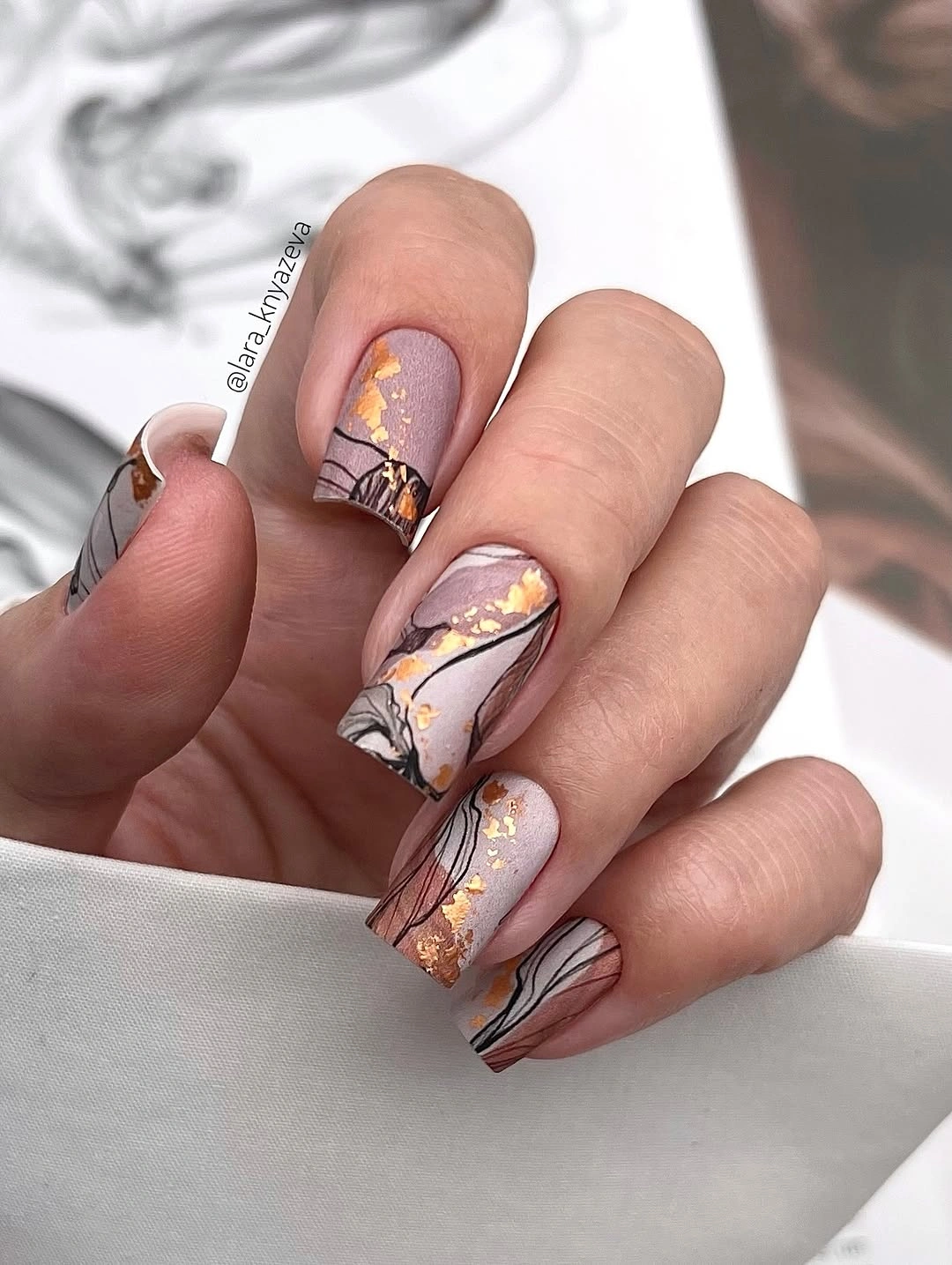 matte fall nails design 2026 Rose Marble with Gold Foil