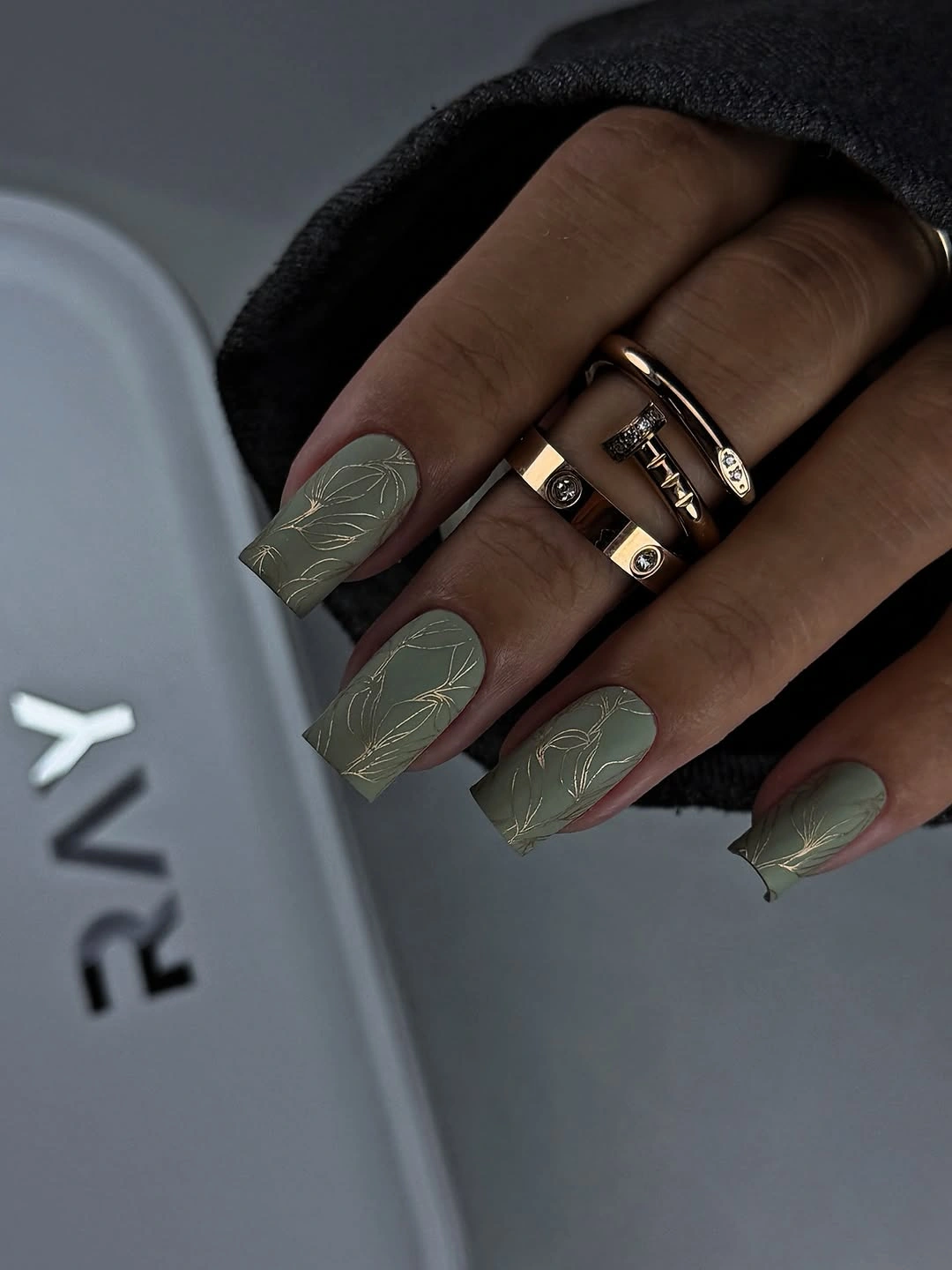 matte fall nails design 2026 Sage Green Botanical Squares