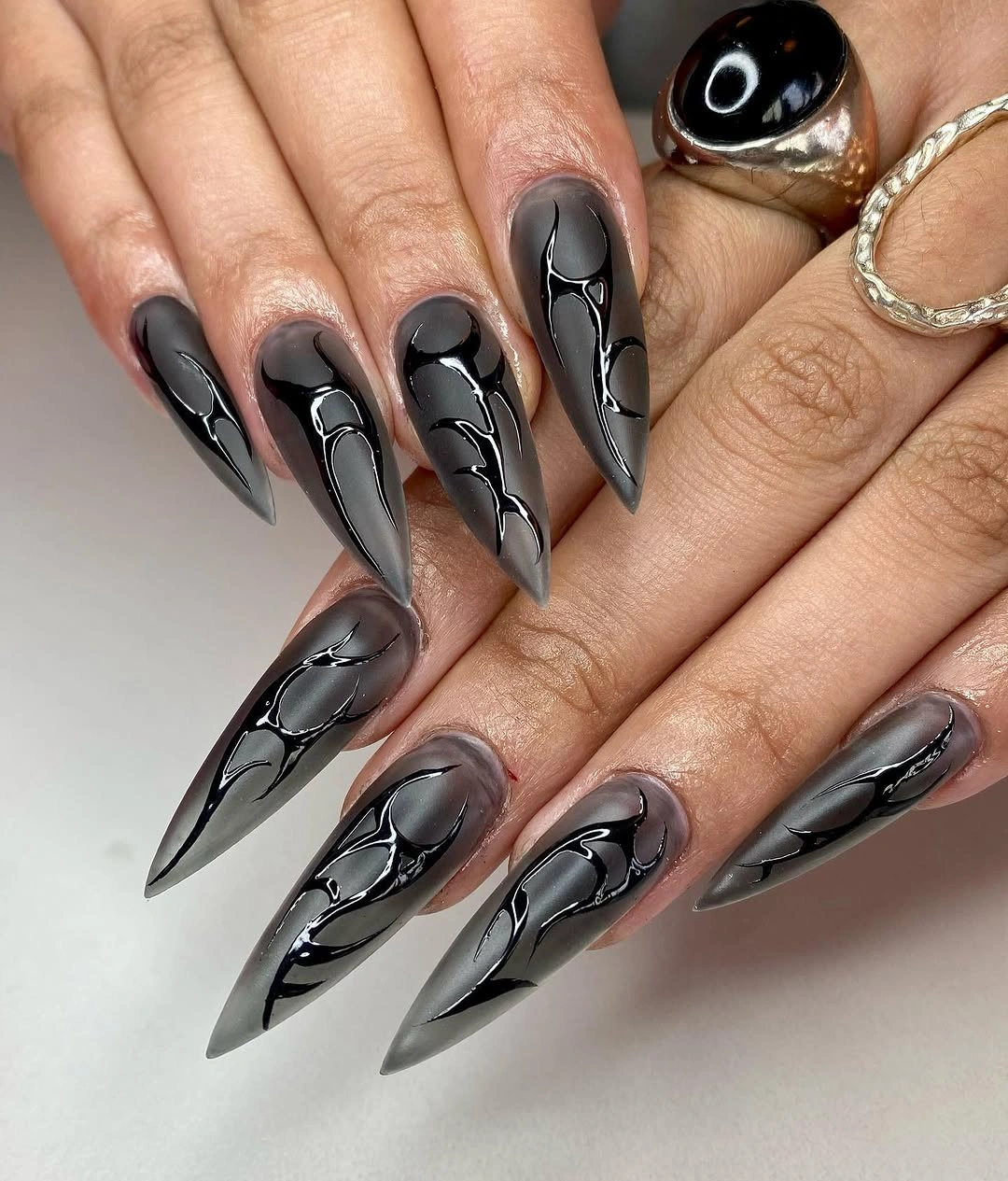 matte fall nails design 2026 Smoky Black Stiletto Art