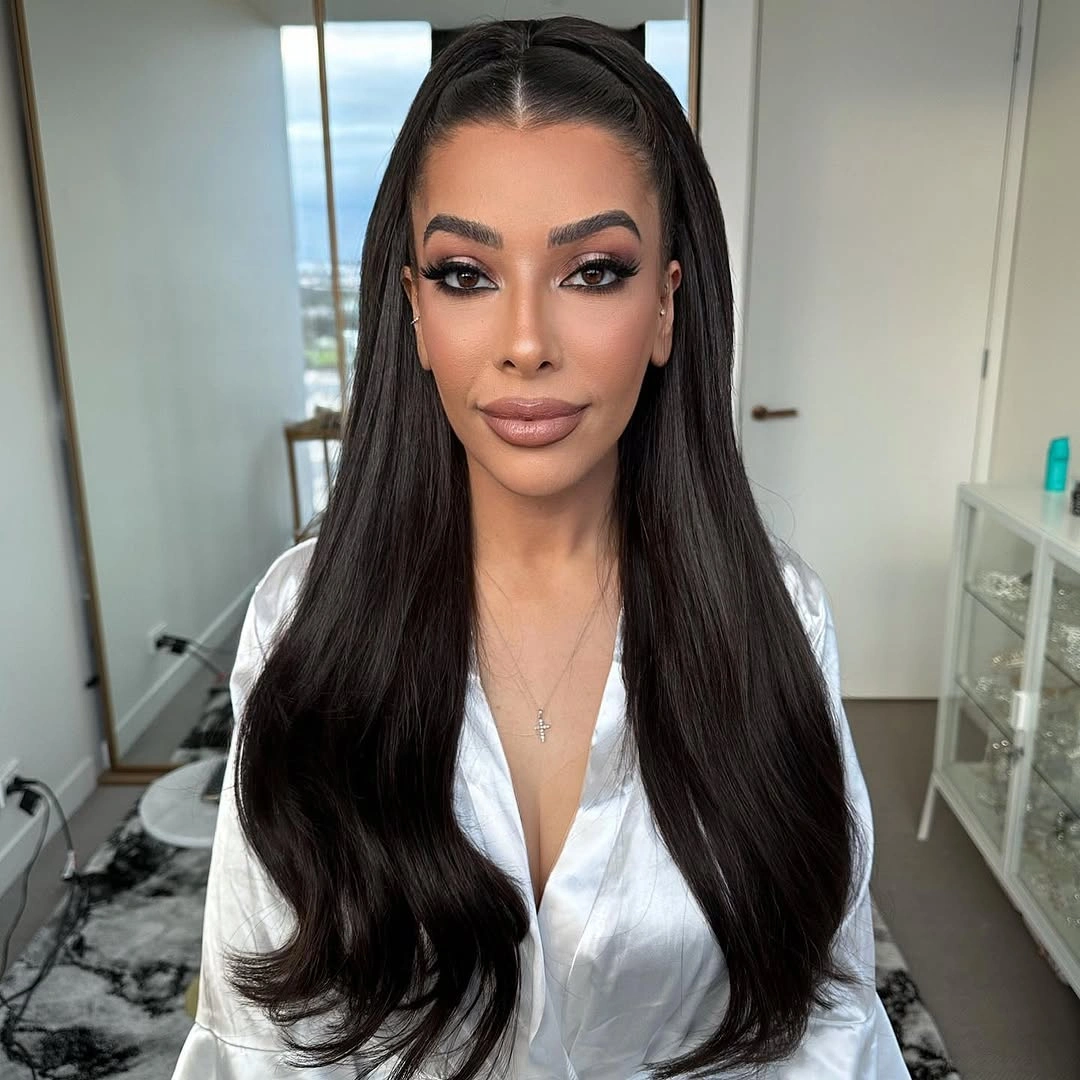 middle parting hairstyles Ultra Sleek Long Hair With Braided Center Details
