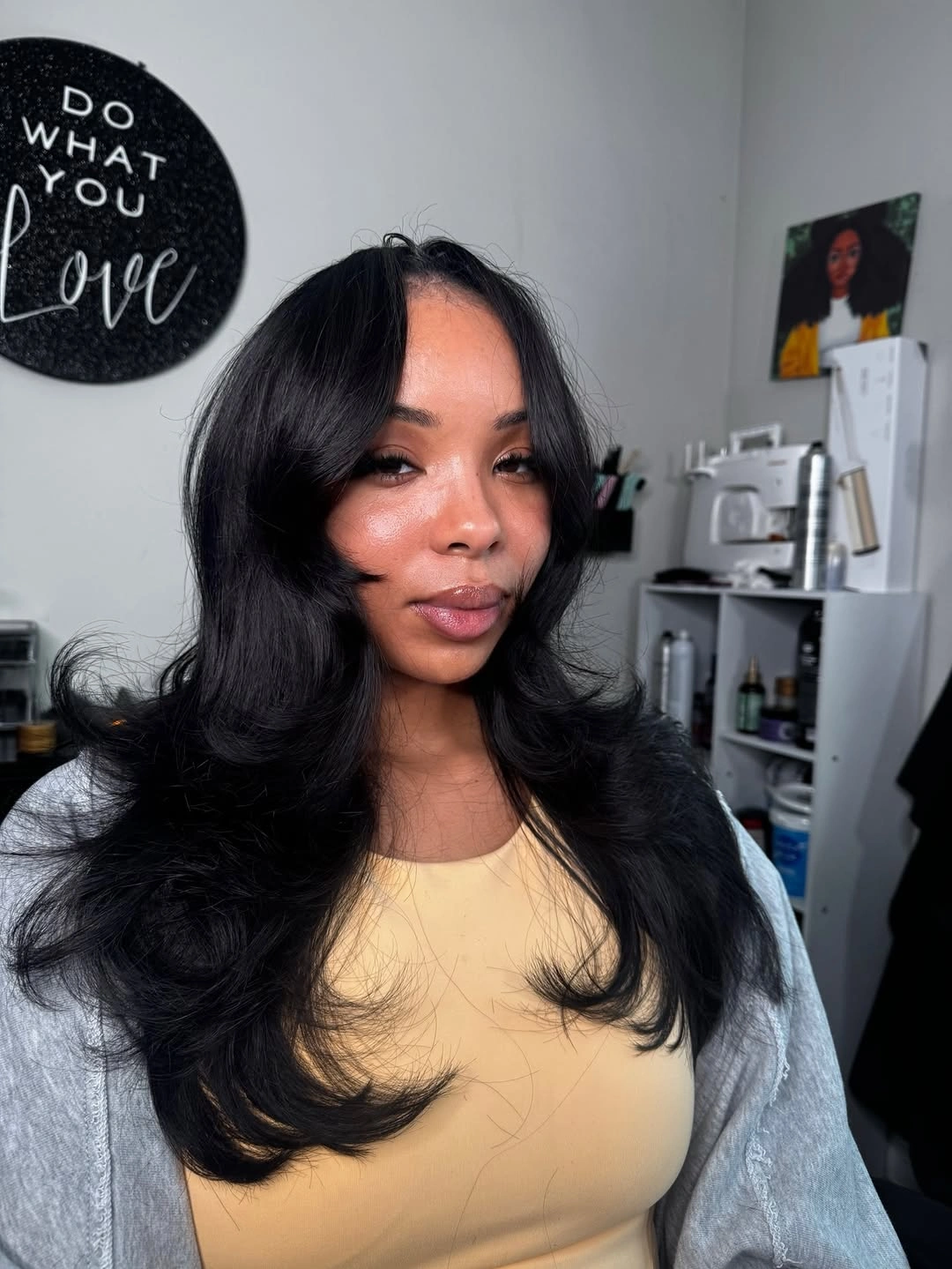 middle parting hairstyles Soft Black Layers With Flipped Ends