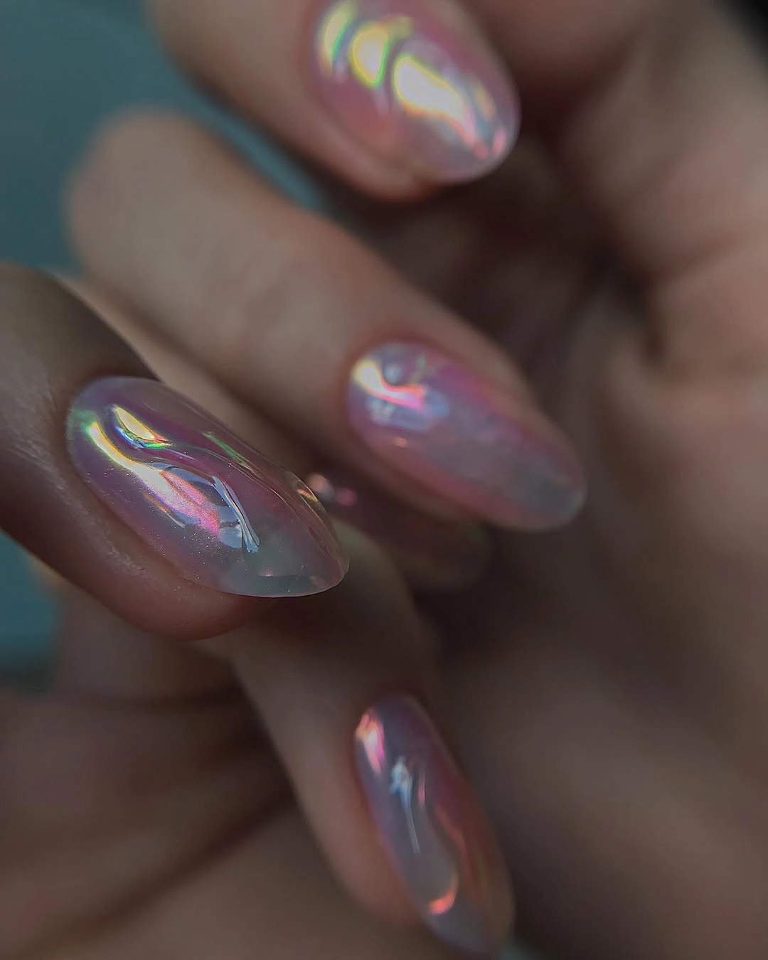 nude fall nails 2026 Iridescent Nude Chrome Almond Nails