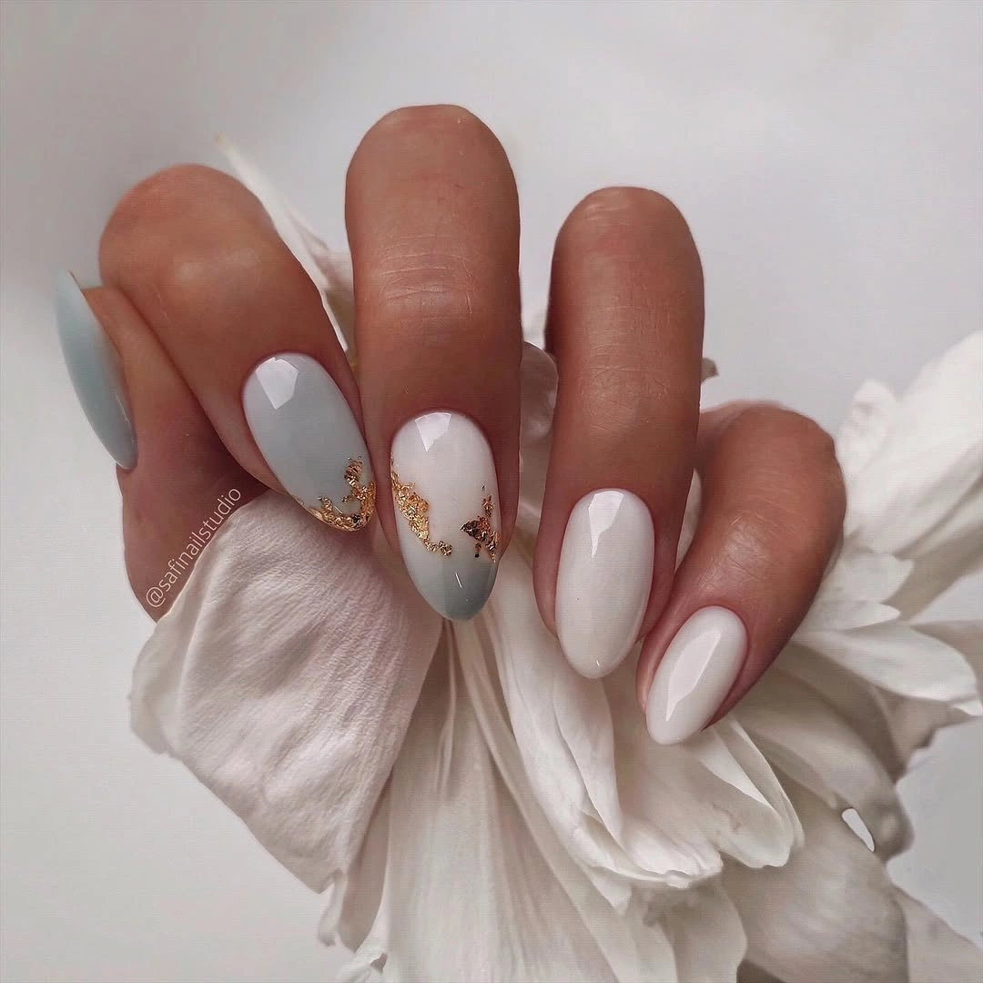 nude fall nails 2026 Milky Almond Nails With Sage and Gold