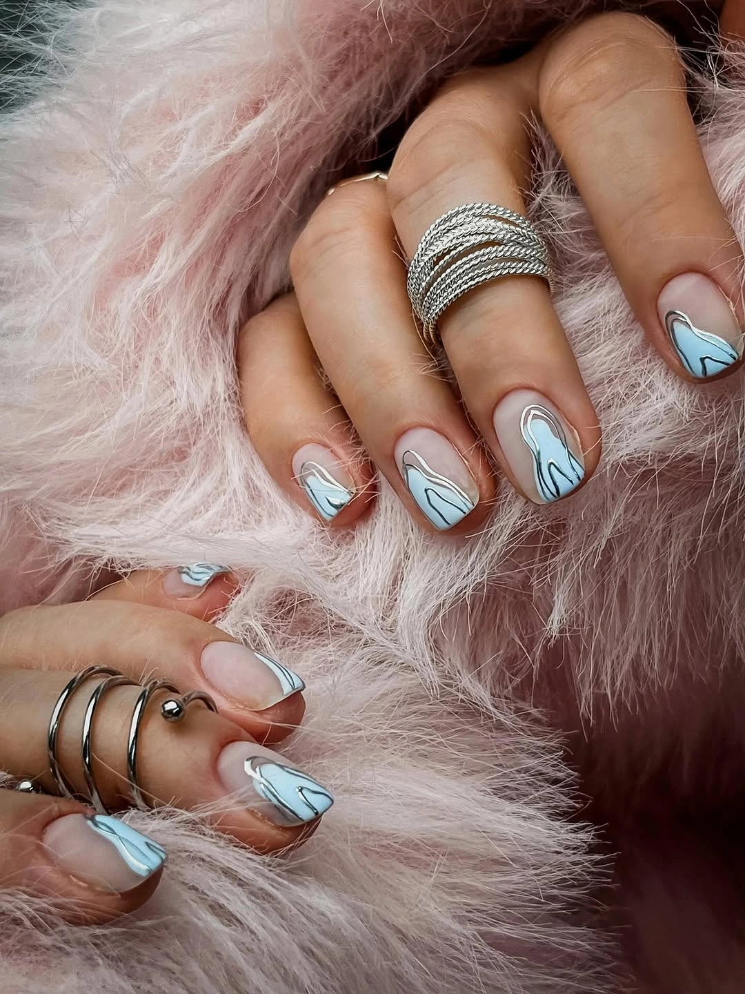 nude fall nails 2026 Icy Blue Waves on Nude Nails