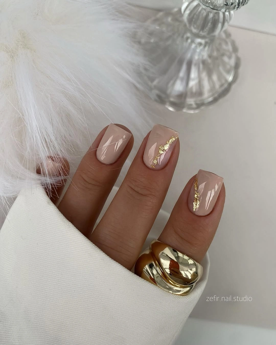nude fall nails 2026 Glossy Taupe Nude Nails With Gold Foil