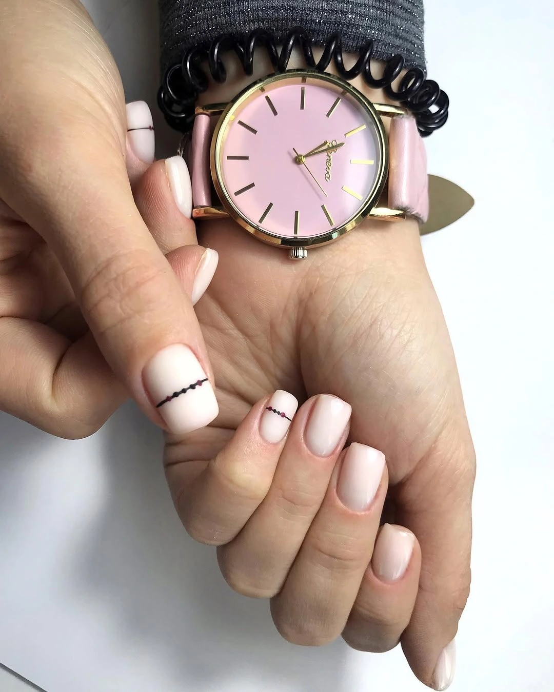 nude fall nails 2026 Milky Nude Short Nails With Burgundy Micro Lines