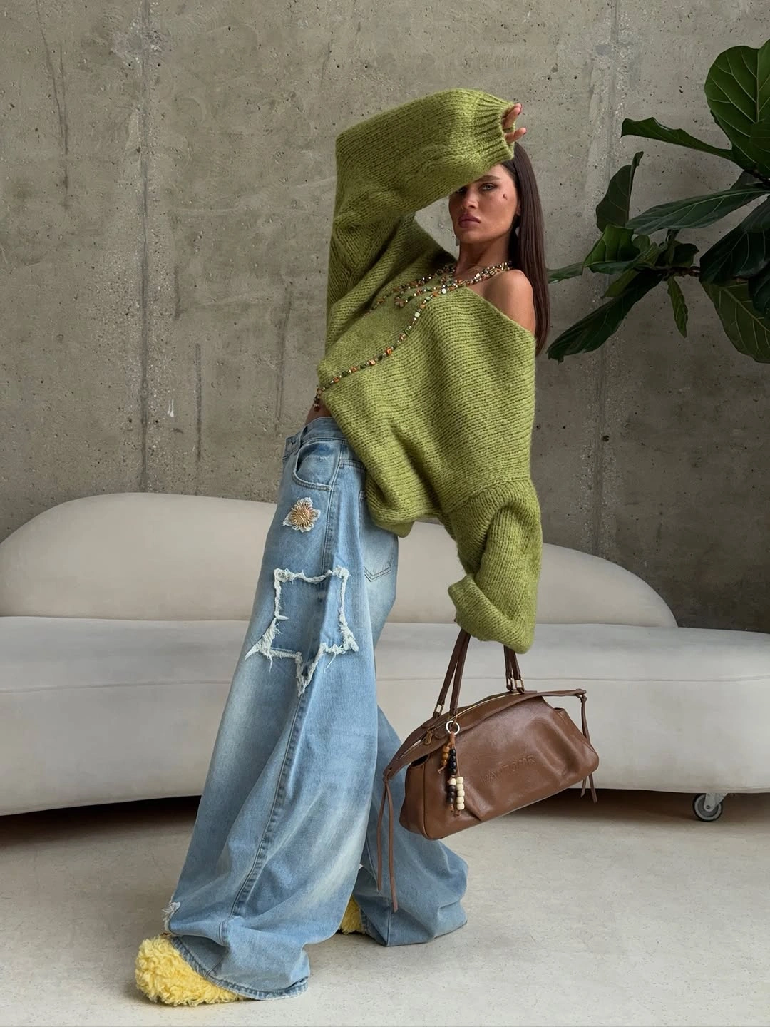 october fashion trends 2026 Olive Knit With Extra Wide Denim