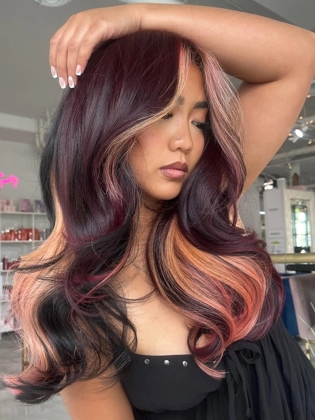 october hair colour ideas 2026 Burgundy Noir With Rose Ribbons