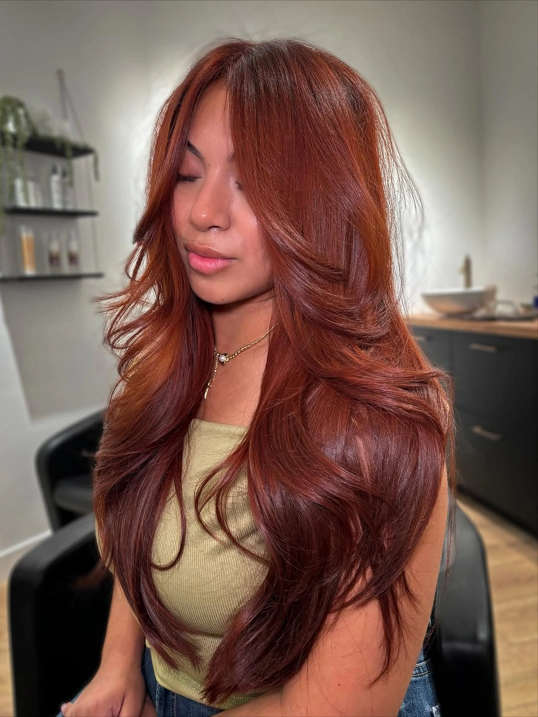 october haircut ideas 2026 Deep Auburn Cascading Layers
