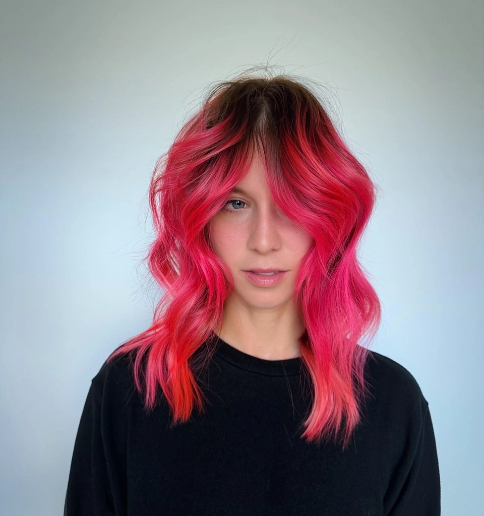 october haircut ideas 2026 Pink Wavy Lob With Curtain Bangs